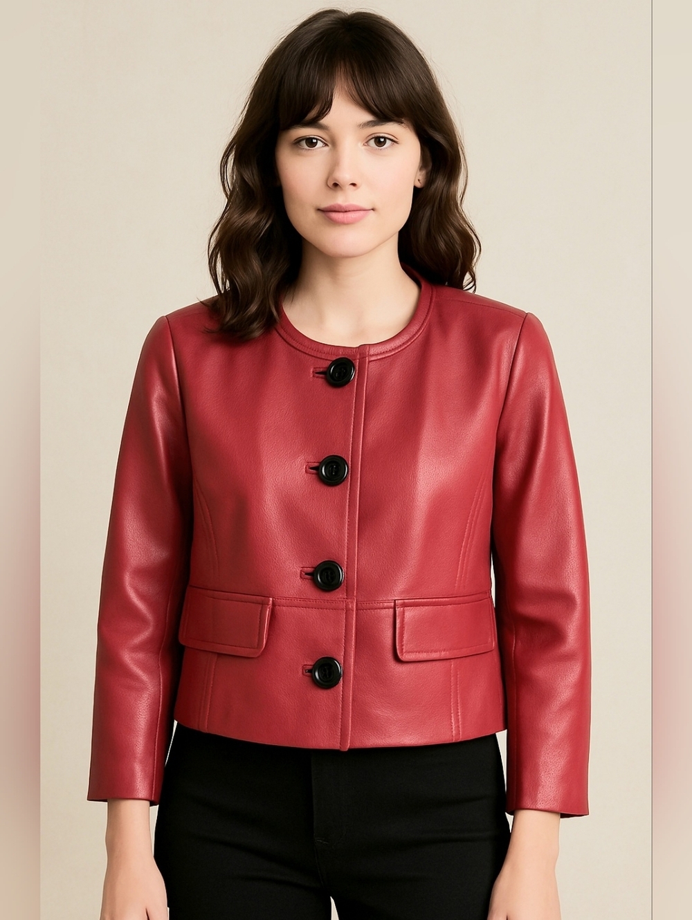 Genuine Leather Jacket Red Cropped Front Buttons & Pockets NWT S